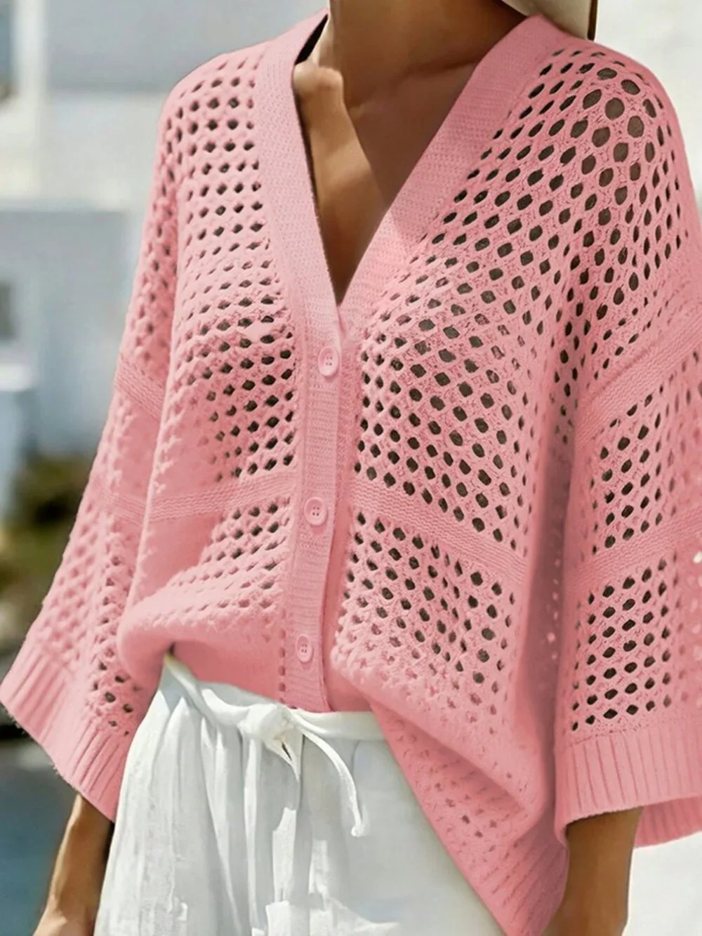 Pink Casual Women's V-Neck Sleeveless Hollow Mesh Loose Thin Cardigan